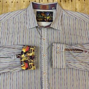 Robert Graham Striped Button Paisley Flip Cuff Shirt XL Herringbone Long Sleeve